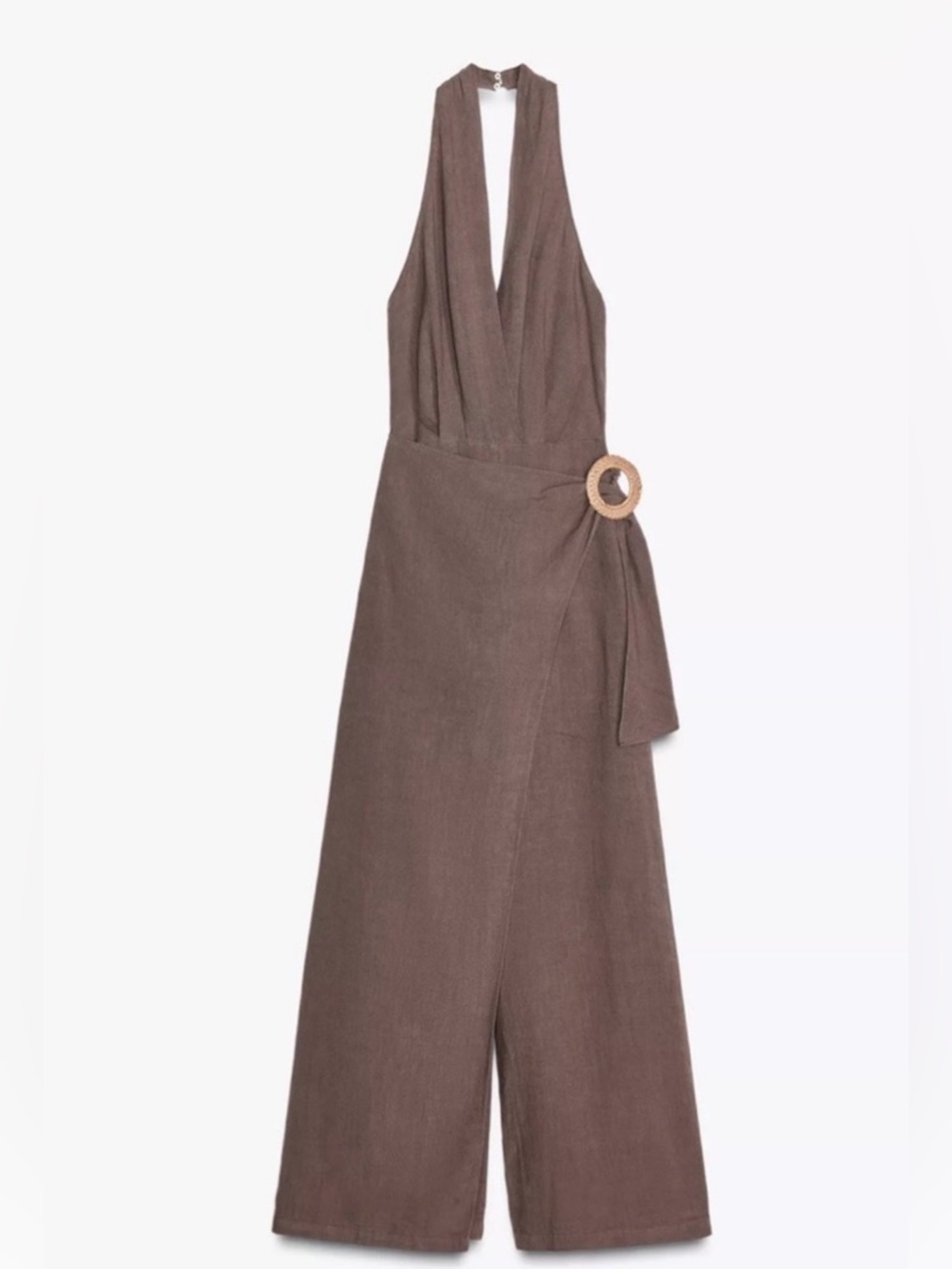 Zara Sleeveless Brown Halter Wrap Jumpsuit with Ring Detail